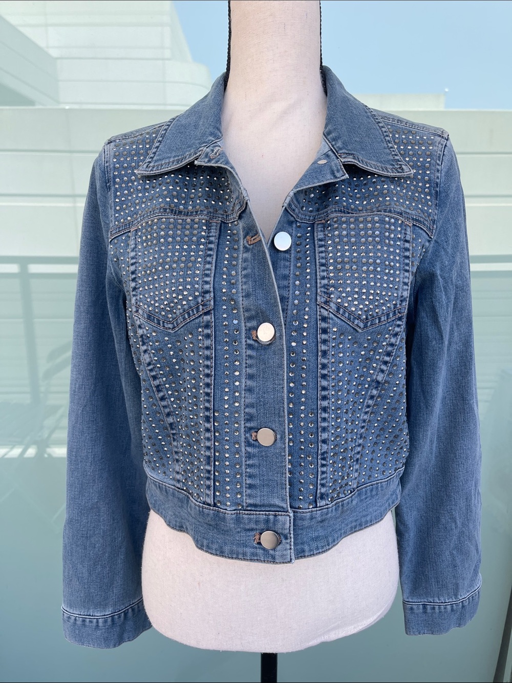 Chicos Rhinestone & Studded Cropped Denim Jacket Mystic Pattern Perlita 1